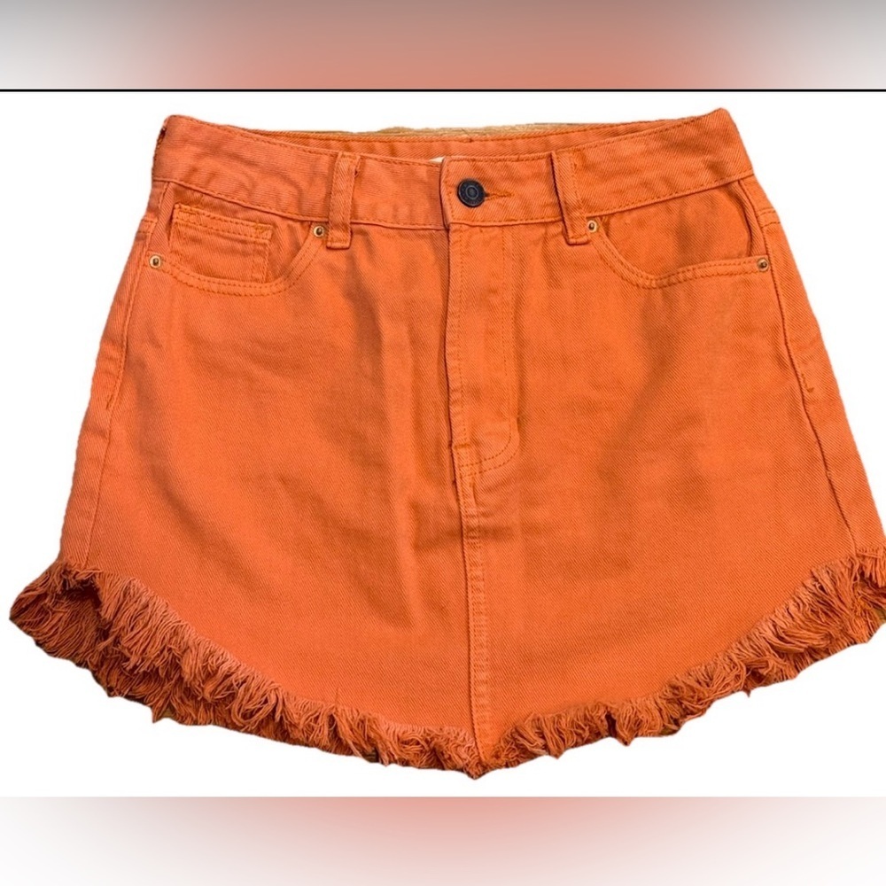 PacSun Burnt Orange Denim Mini Skirt Frayed Hem Y2K Festival Size 24